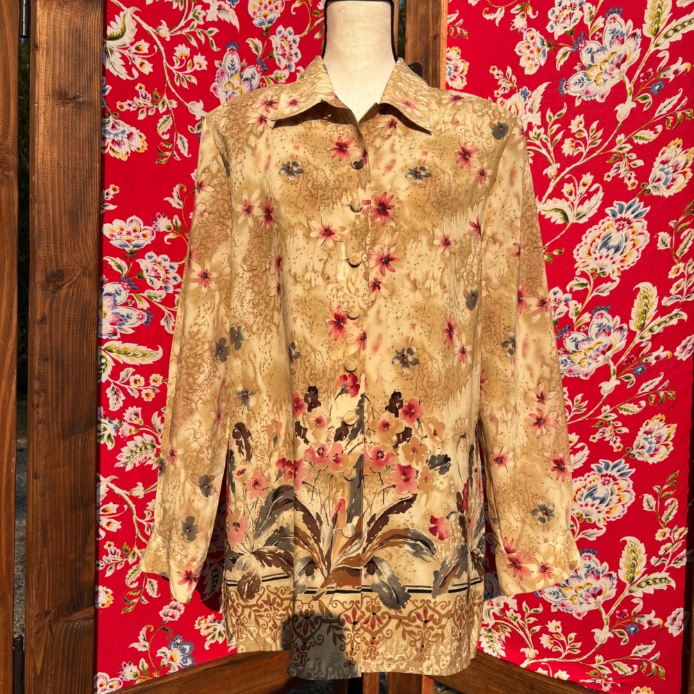 Vintage 90's Tan Floral Cottagecore Button Front Blouse Women's Oversized L